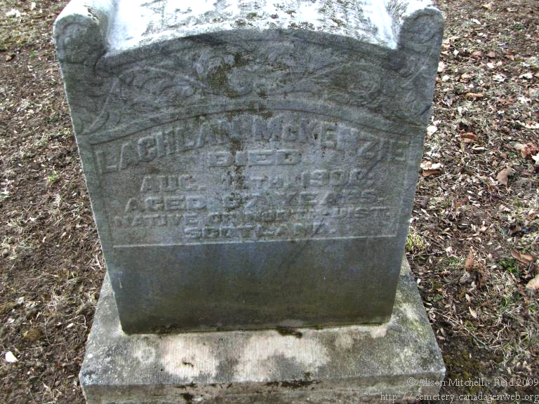 Photo of headstones/Lachlan McKenzie d 1900 hdstn Parkhill cem Middlesex ON